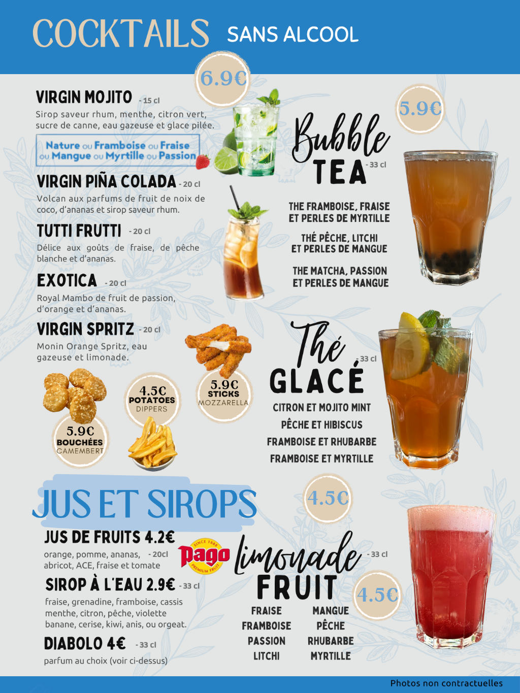 Cocktails sans alcool, jus et sirops